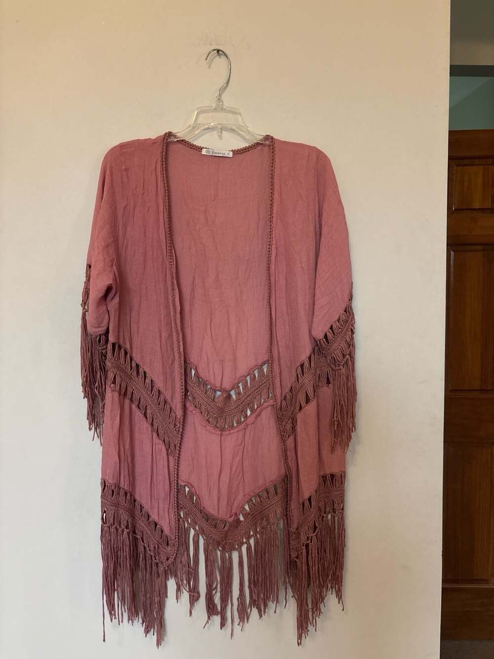 Veveret Rose Boho Open Front Fringe Crochet Layering Kimono Cardigan